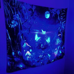Butterfly mushroom stary night sky moon blacklight Tapestry wall decor hanging